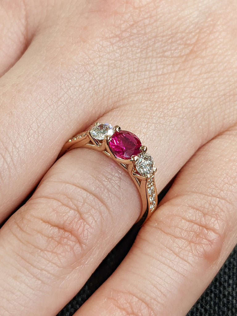 3 Stone Trinity Lab Grown Ruby Women Wedding Anniversary Ring | 14K 18K Rose Gold Diamond Cluster Trellis Engagement Proposal Ring