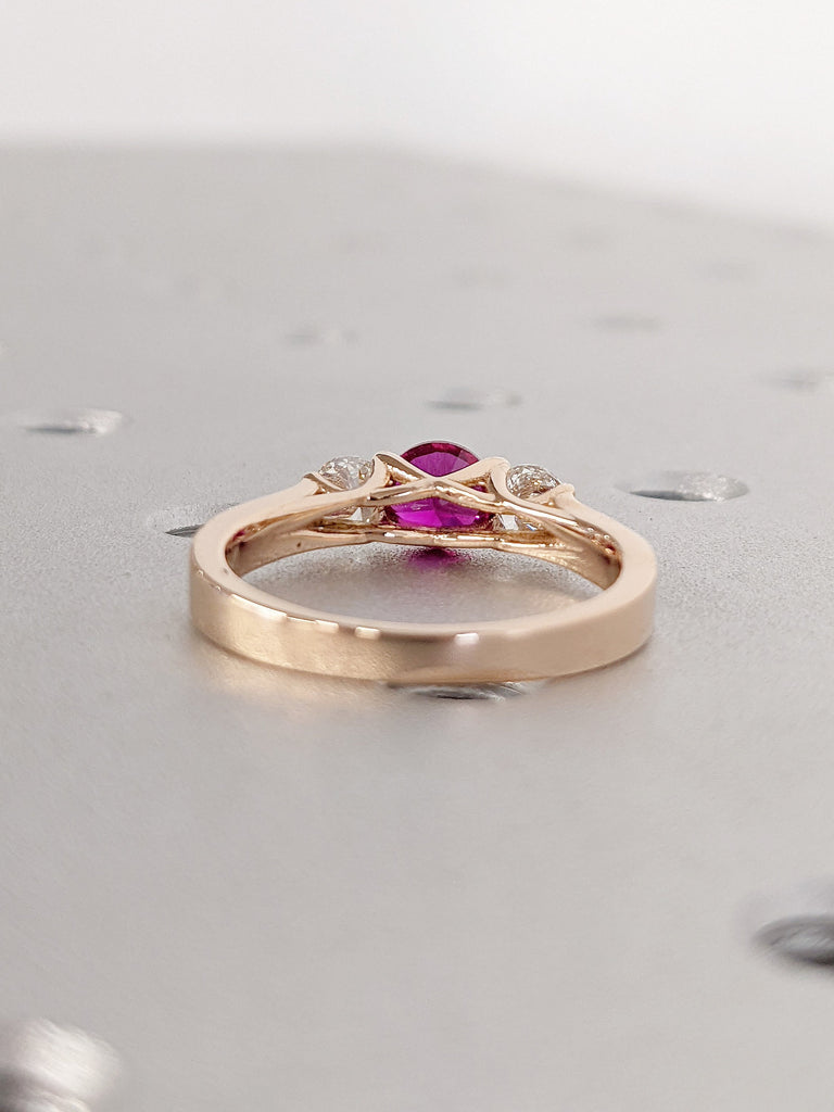 Three Stone Round Lab Grown Ruby Women Engagement Cocktail Ring | 14K 18K Rose Gold Trinity Trellis Diamond Cluster Unique Proposal Ring