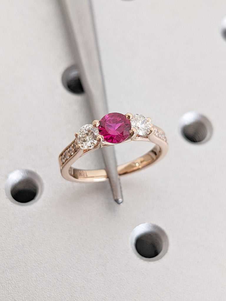 3 Stone Trinity Lab Grown Ruby Women Wedding Anniversary Ring | 14K 18K Rose Gold Diamond Cluster Trellis Engagement Proposal Ring