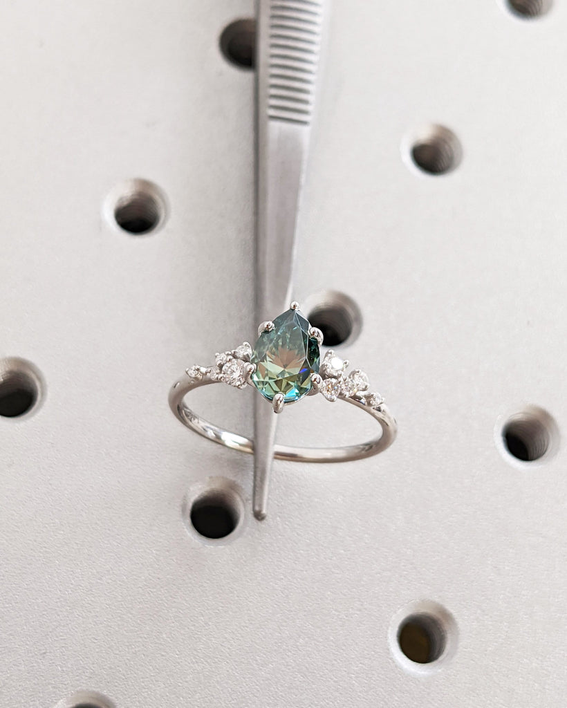 Pear Cut Green Moissanite Ring Vintage Moissanite Engagement Ring Solid Gold Unique Snowdrift 6 Prongs Engagement Ring Diamond Wedding Ring