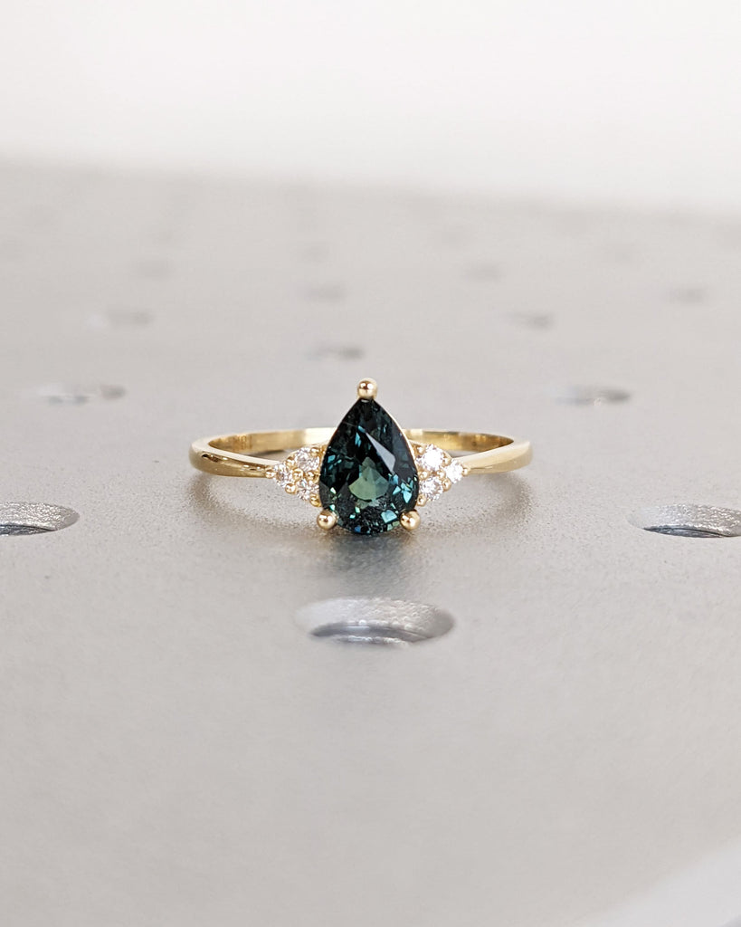 Vintage Style Montana Sapphire Ring, Pear Cut Blue Green Teal Sapphire Engagement Ring, Solid Gold Wedding Ring, Diamond/Moissanite Cluster