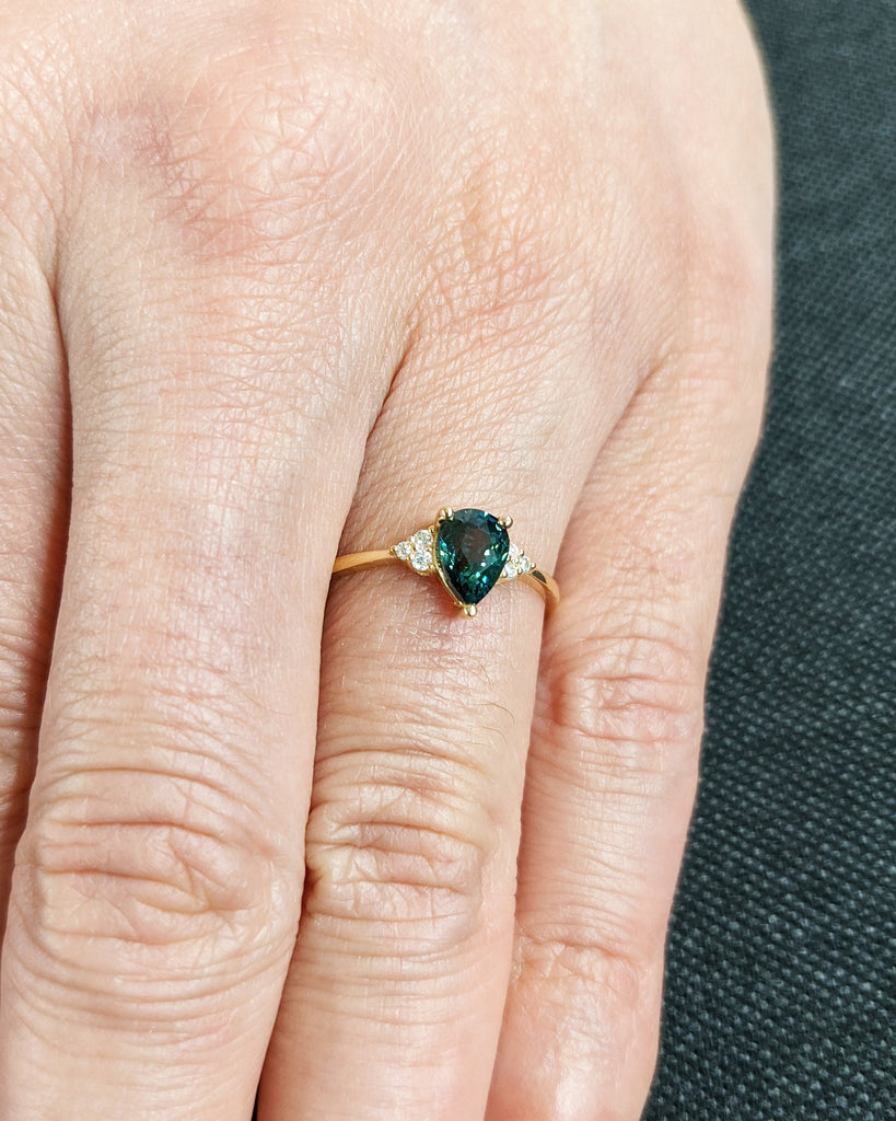 Vintage Style Montana Sapphire Ring, Pear Cut Blue Green Teal Sapphire Engagement Ring, Solid Gold Wedding Ring, Diamond/Moissanite Cluster