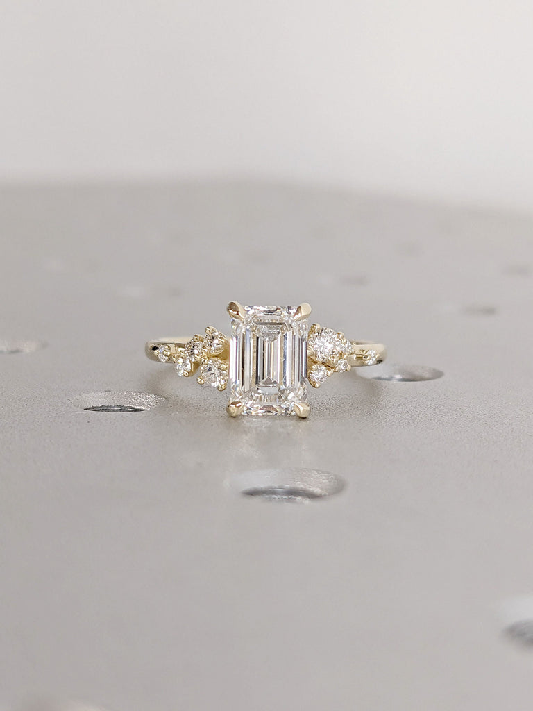 Timeless Modern Emerald cut CVD Lab Grown Diamond Solitaire Women Wedding Anniversary Ring | Unique 14K Yellow Gold Snowdrift Diamond Proposal Ring | Alternative Bridal Jewelry