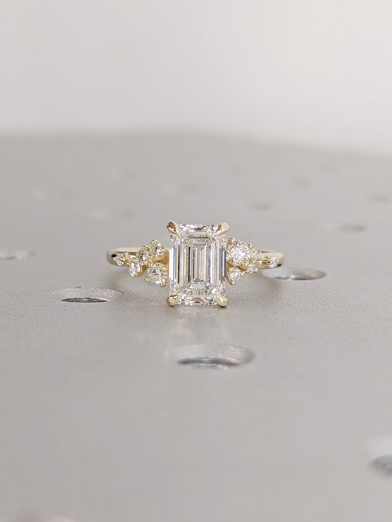 Timeless Modern Emerald cut CVD Lab Grown Diamond Solitaire Women Wedding Anniversary Ring | Unique 14K Yellow Gold Snowdrift Diamond Proposal Ring | Alternative Bridal Jewelry