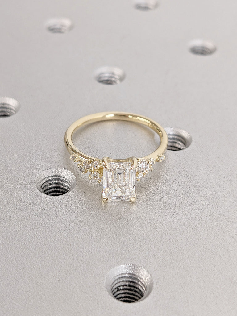 Emerald Cut White Lab Diamond Engagement Ring / 14K Solid Gold Ring / Diamond Cluster or Moissanite Cluster / Unique Snowdrift Cluster Ring