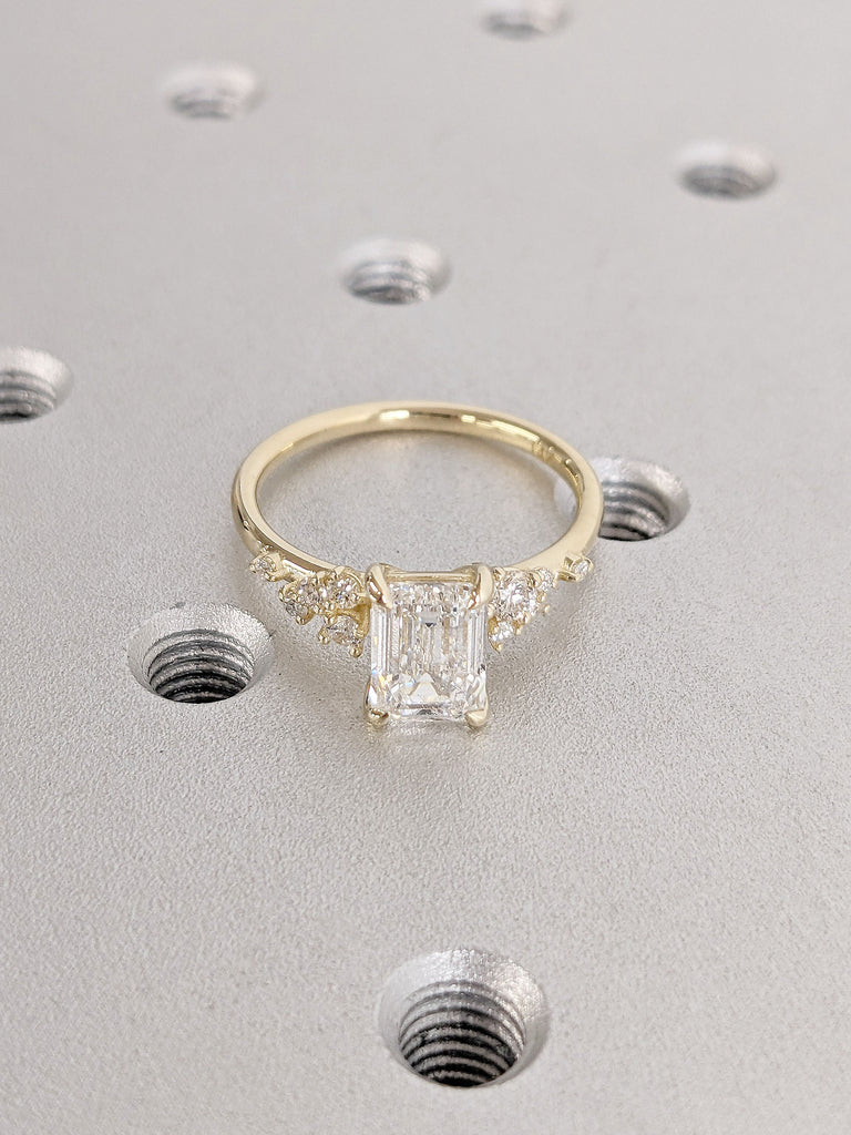 Lab Diamond Engagement Ring, Lab Grown Diamond Ring, Emerald Cut Ring, Solid Gold Ring, Diamond Cluster or Moissanite Cluster Snowdrift Ring