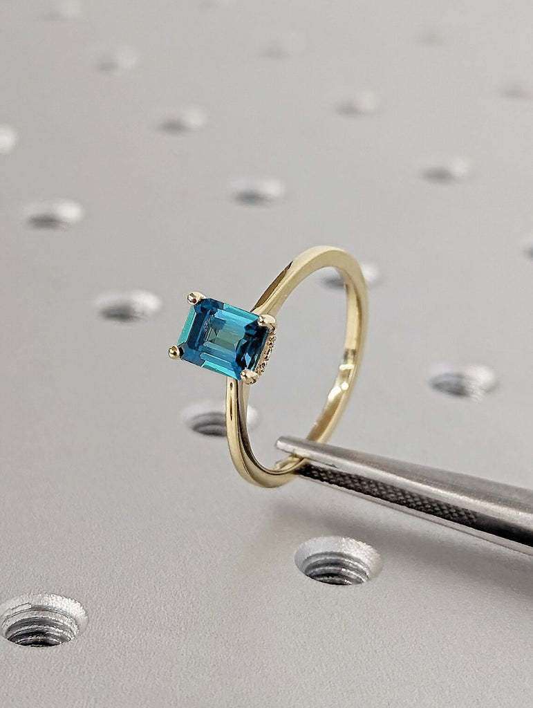 Natural Blue Green Sapphire Solitaire Engagement Proposal Ring for Her | Solid Yellow Gold Diamond Hidden Halo Unique Promise Ring