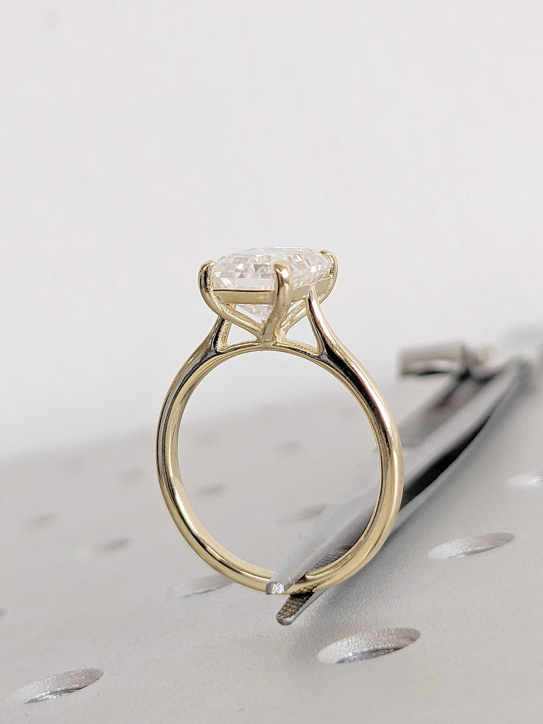 High Setting Solitaire Lab Diamond Unique Proposal Ring for Her | 14K 18K Yellow Gold Thin Wedding Band