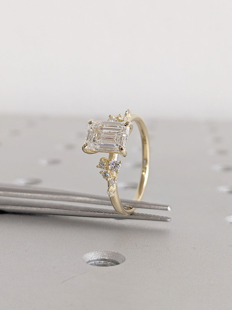 Colorless Emerald cut 1.5ct Moissanite Unique Proposal Ring | Talon Prongs Diamond Cluster Wedding Anniversary Ring | Solid Yellow Gold Band