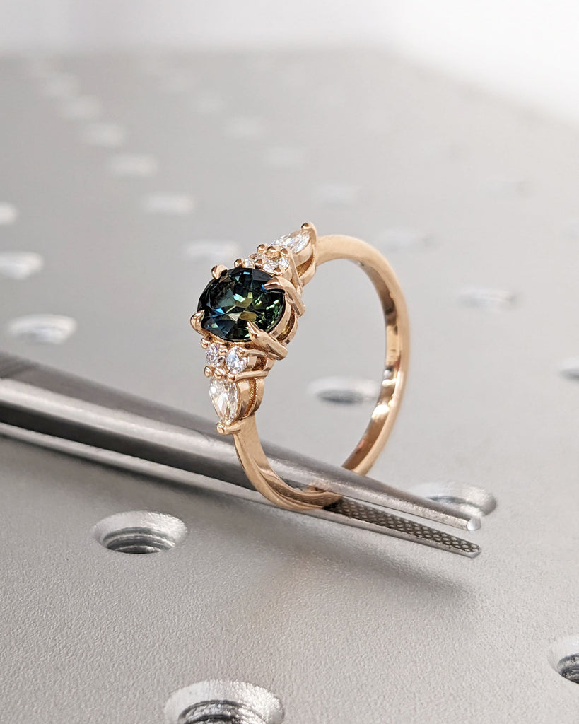 Blue Green Sapphire Ring. Peacock Engagement Ring. Oval Teal Sapphire Ring. Solid Rose Gold Engagement Ring. Cluster Diamond Ring. Art Deco.