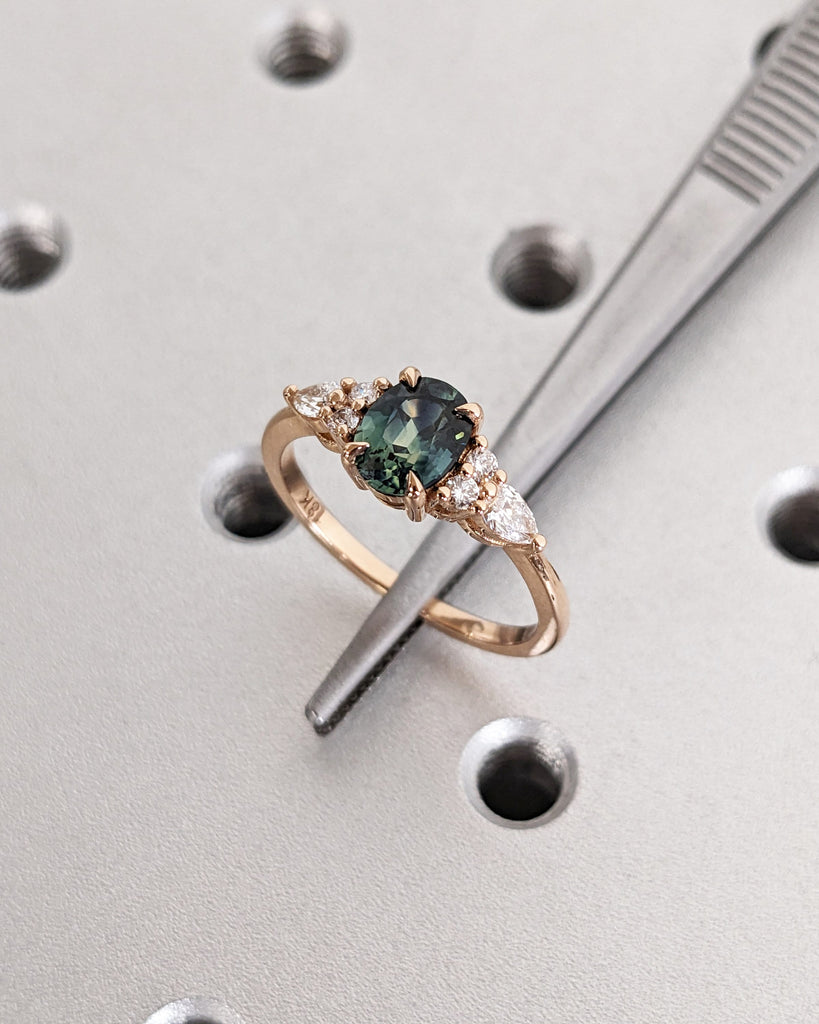 Blue Green Sapphire Ring. Peacock Engagement Ring. Oval Teal Sapphire Ring. Solid Rose Gold Engagement Ring. Cluster Diamond Ring. Art Deco.