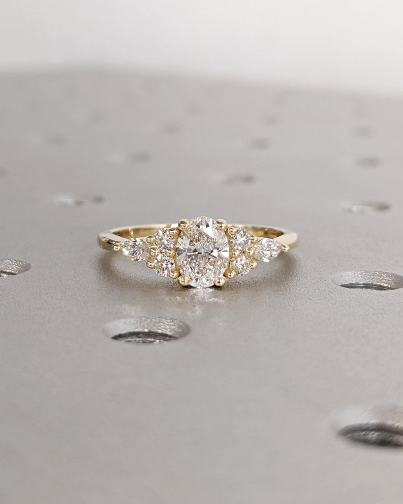 Multi-Stone Engagement Ring, Cluster Moissanite Engagement Ring, Oval Moissanite Ring, Oval Cut Cluster Engagement Ring in 14K Yellow Gold