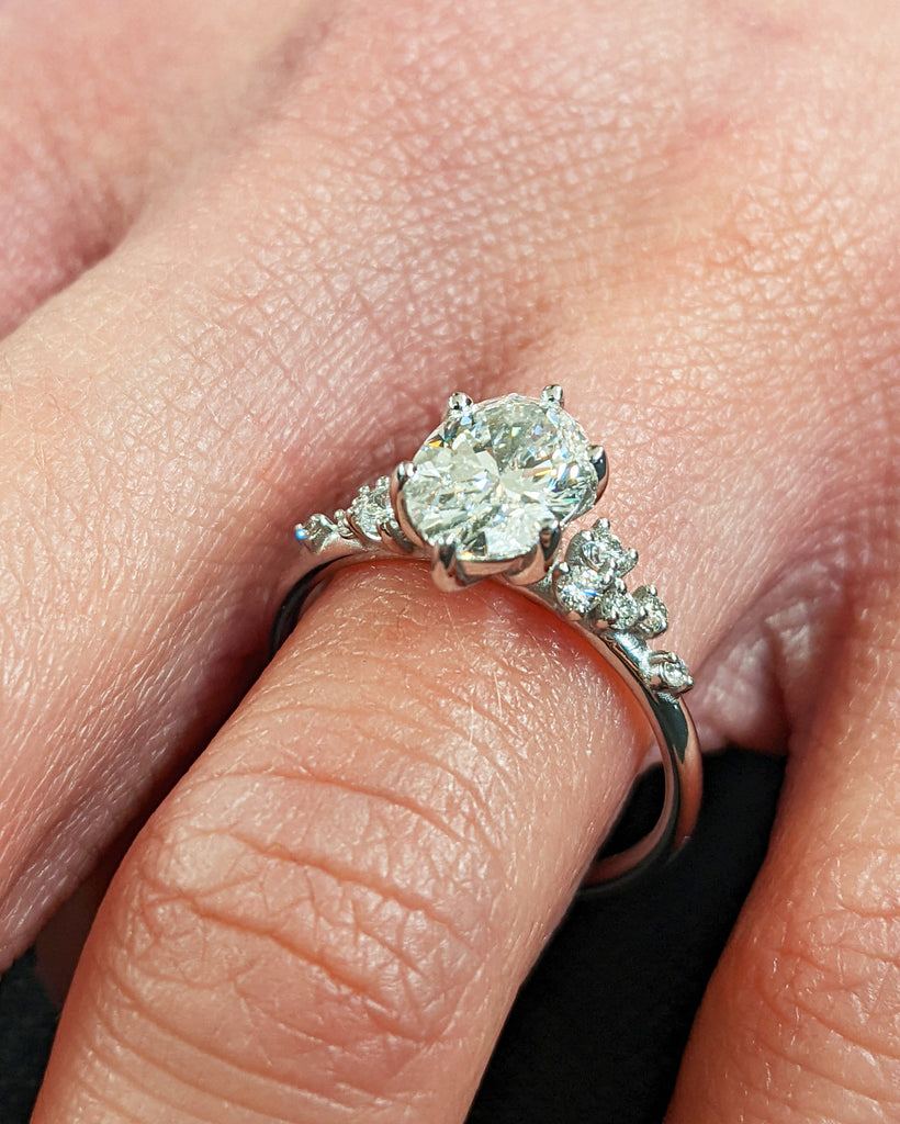 Oval Cut Moissanite Ring Vintage Moissanite Engagement Ring Solid Gold Unique Snowdrift 6 Prongs Engagement Ring Diamond Clusters Art Deco