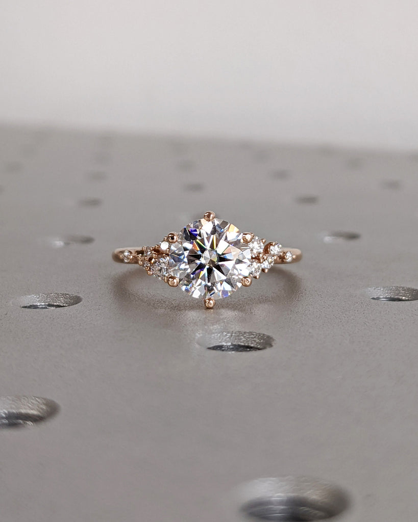 Round Cut Moissanite Ring Vintage Moissanite Engagement Ring Solid Gold Unique Snowdrift 6 Prongs Engagement Ring Diamond Clusters Art Deco