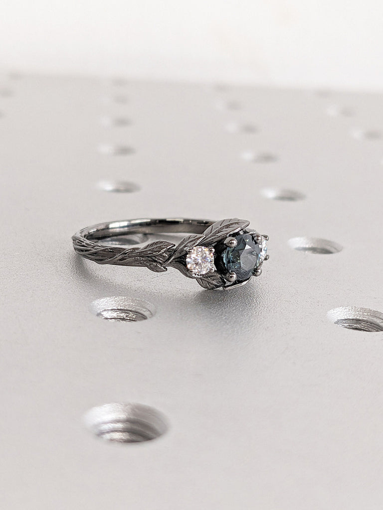 Rustic Teal Sapphire 3 Stone Trilogy Unique Women Proposal Cocktail Ring | Solid Gold, Platinum Nature Inspired Diamond Bridal Jewelry