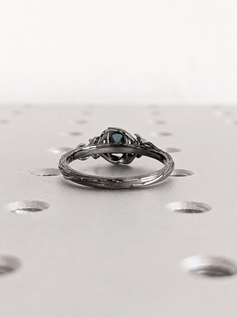 Rustic Teal Sapphire 3 Stone Trilogy Unique Women Proposal Cocktail Ring | Solid Gold, Platinum Nature Inspired Diamond Bridal Jewelry