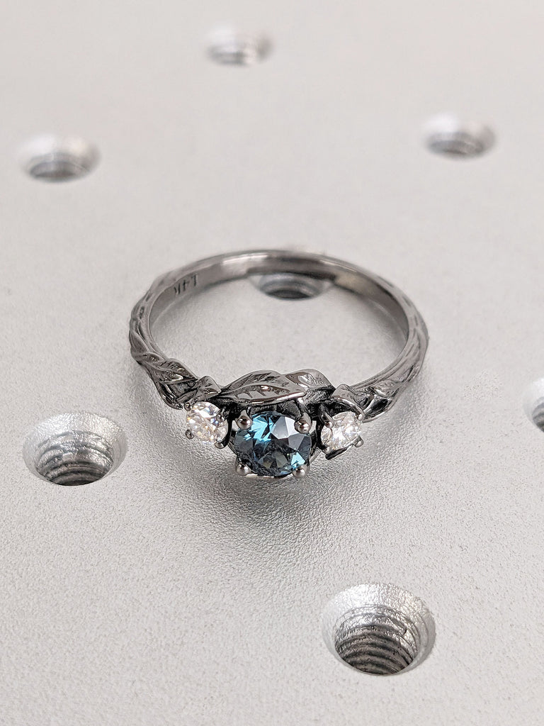 Multi Stone Montana Peacock Sapphire, Diamond, Moissanite Gothic Engagement Proposal Ring for Her | Unique Nature Inspired 14K Black Gold Wedding Anniversary Ring | Alternative Bridal Jewelry