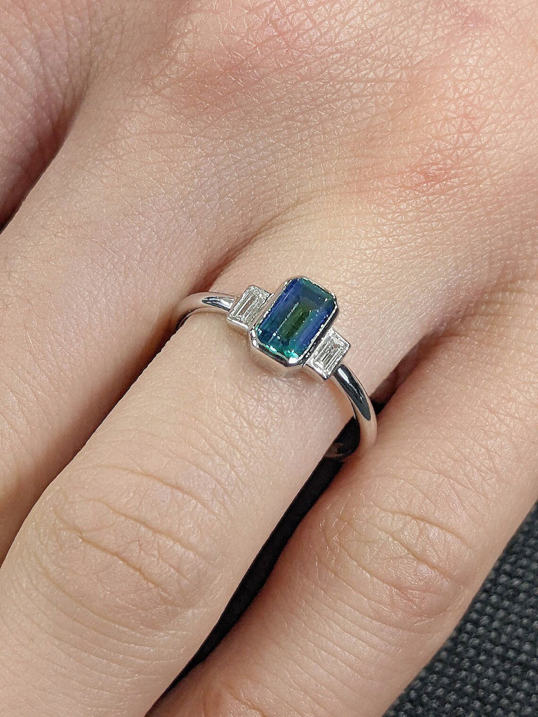 1ct Emerald cut Natural Teal Peacock Sapphire Unique Proposal Ring for Her | 14K 18K White Gold, Platinum Baguette Moissanite Wedding Anniversary Ring