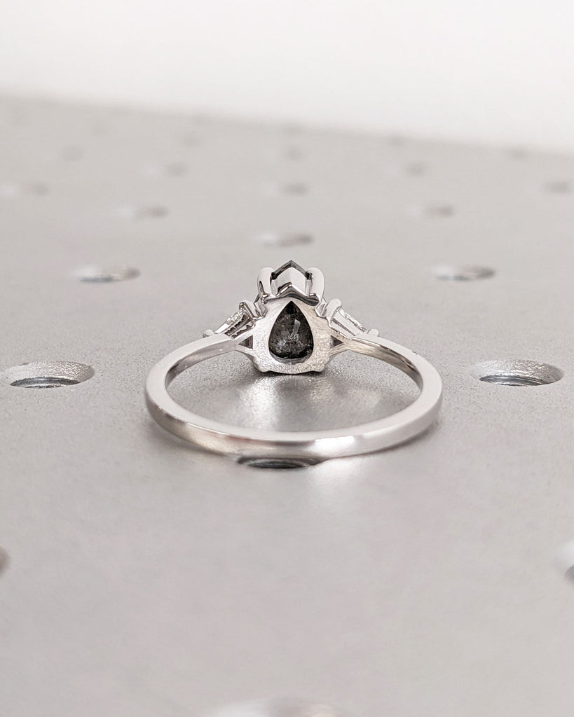 Raw Diamond Pear Triangle Diamond, Salt and Pepper, Unique Engagement Ring, Teardrop Shape Geometric Diamond Ring, 14k Gold, Custom Handmade