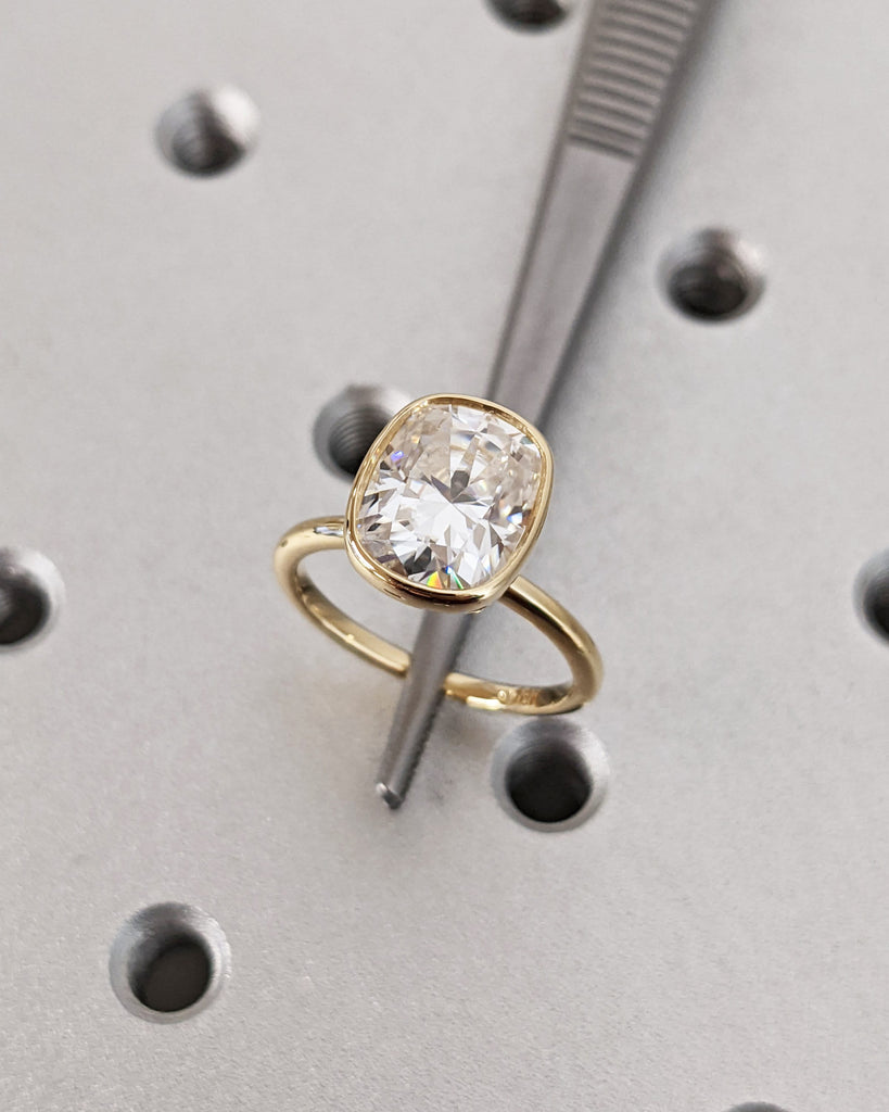 Elongated Cushion Cut Moissanite Solitaire Ring, 18K Yellow Gold Engagement Ring, Bezel Setting, Statement Ring, Gift For Her Bridal Set