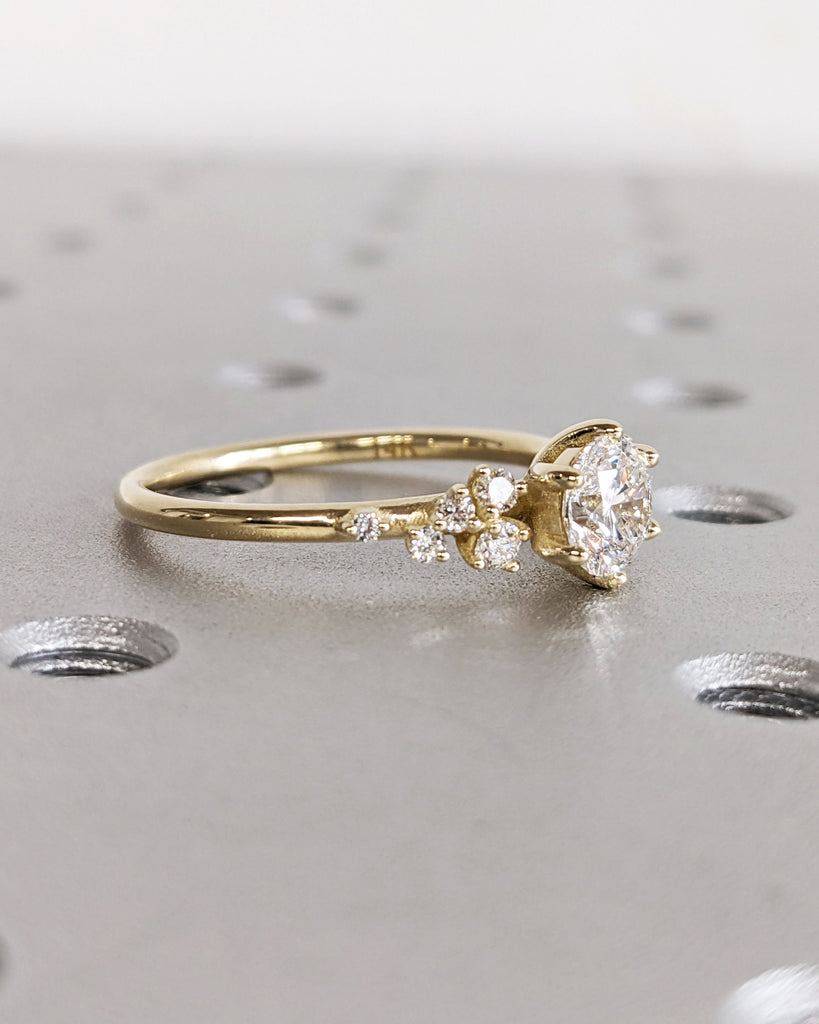 Round Lab Grown Diamond Gold or Platinum Engagement Ring | Unique Snowdrift 6 Prong Diamond Cluster Promise Ring | Wedding Ring for Women