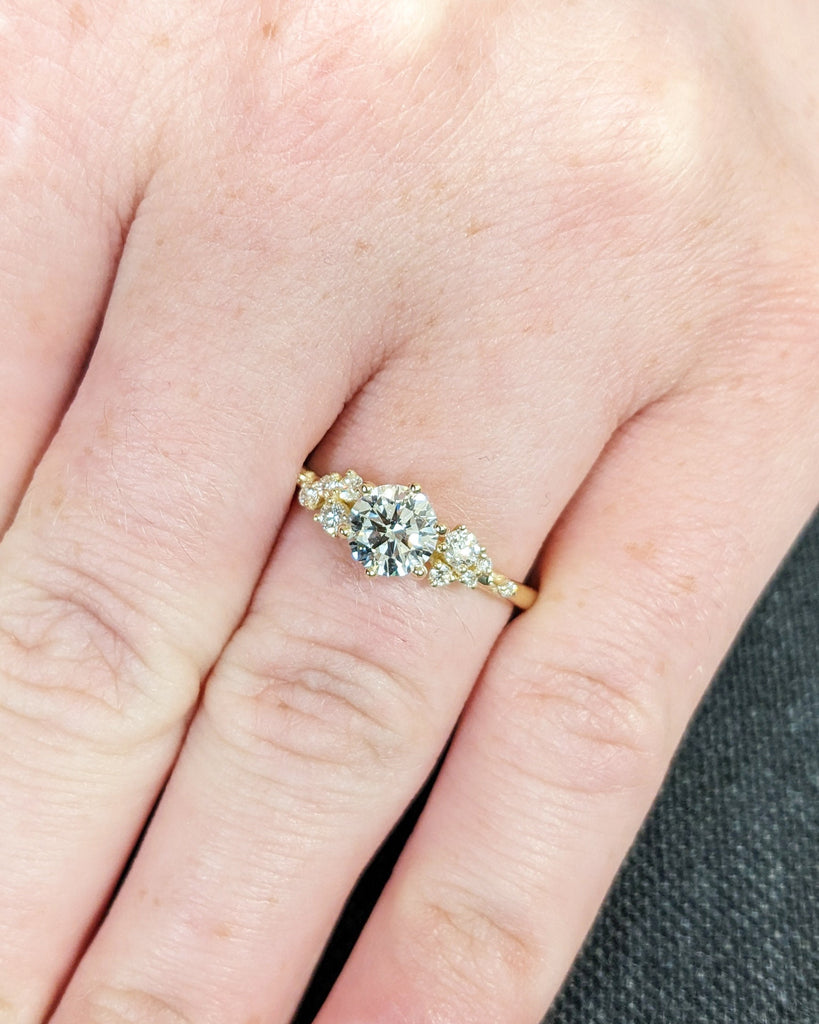 Round Lab Grown Diamond Gold or Platinum Engagement Ring | Unique Snowdrift 6 Prong Diamond Cluster Promise Ring | Wedding Ring for Women