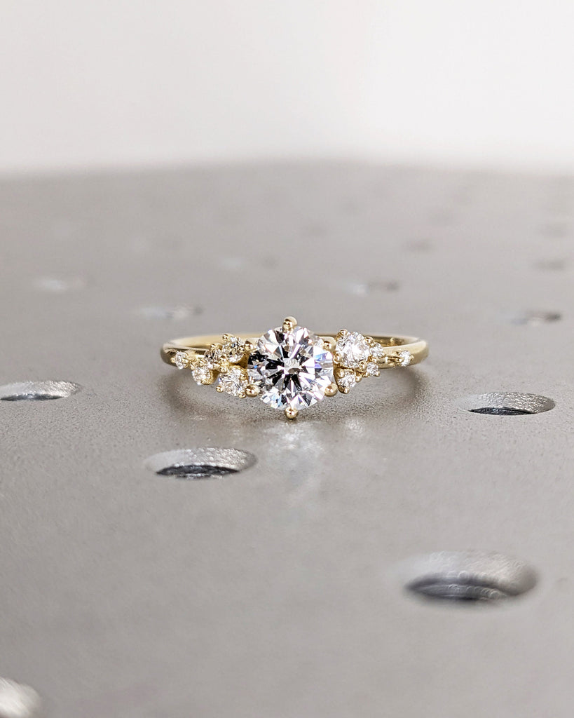 Round Moissanite Ring Vintage Moissanite Engagement Ring Solid Gold Unique Snowdrift 6 Prongs Engagement Ring Cluster Diamond Wedding Ring