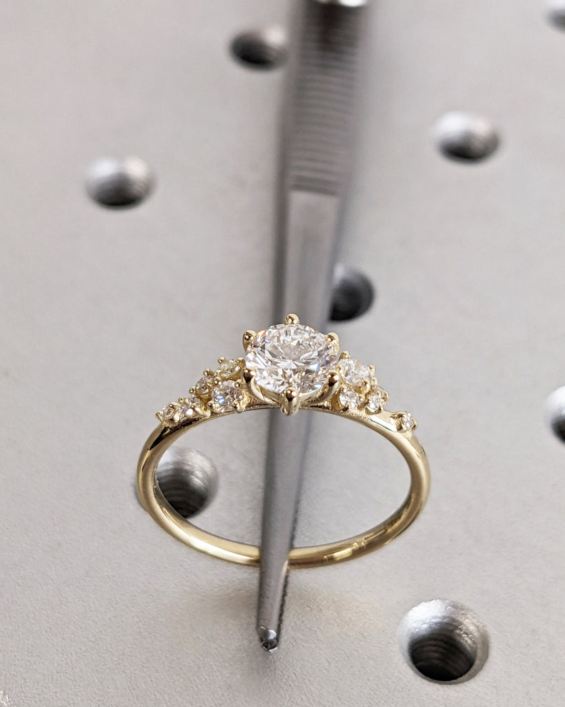 Round Moissanite Ring Vintage Moissanite Engagement Ring Solid Gold Unique Snowdrift 6 Prongs Engagement Ring Cluster Diamond Wedding Ring