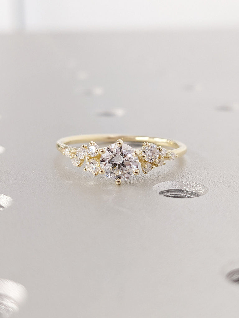 Round cut CVD Lab Grown Diamond Women Proposal Ring | Solid Yellow Gold Snowdrift Diamond Cluster Promise Commitment Ring | Personalized Bridal Jewelry