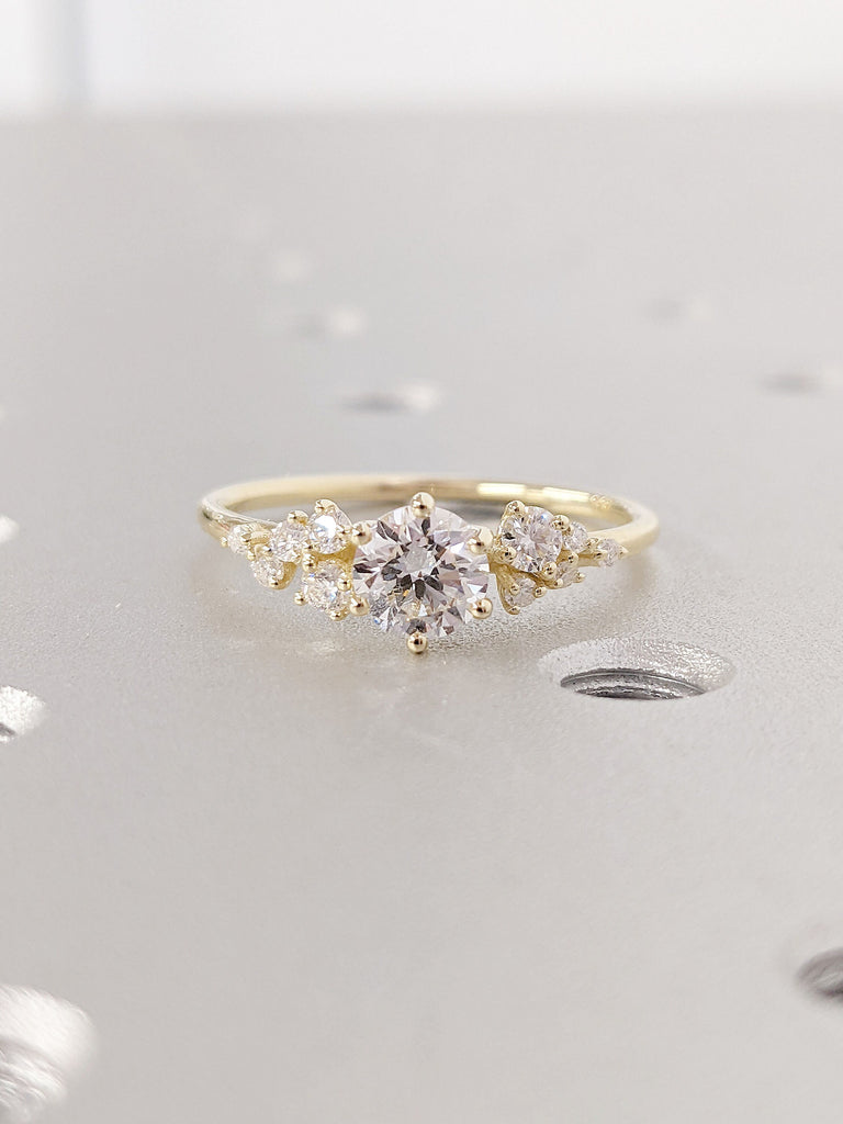 Round cut CVD Lab Grown Diamond Women Proposal Ring | Solid Yellow Gold Snowdrift Diamond Cluster Promise Commitment Ring | Personalized Bridal Jewelry