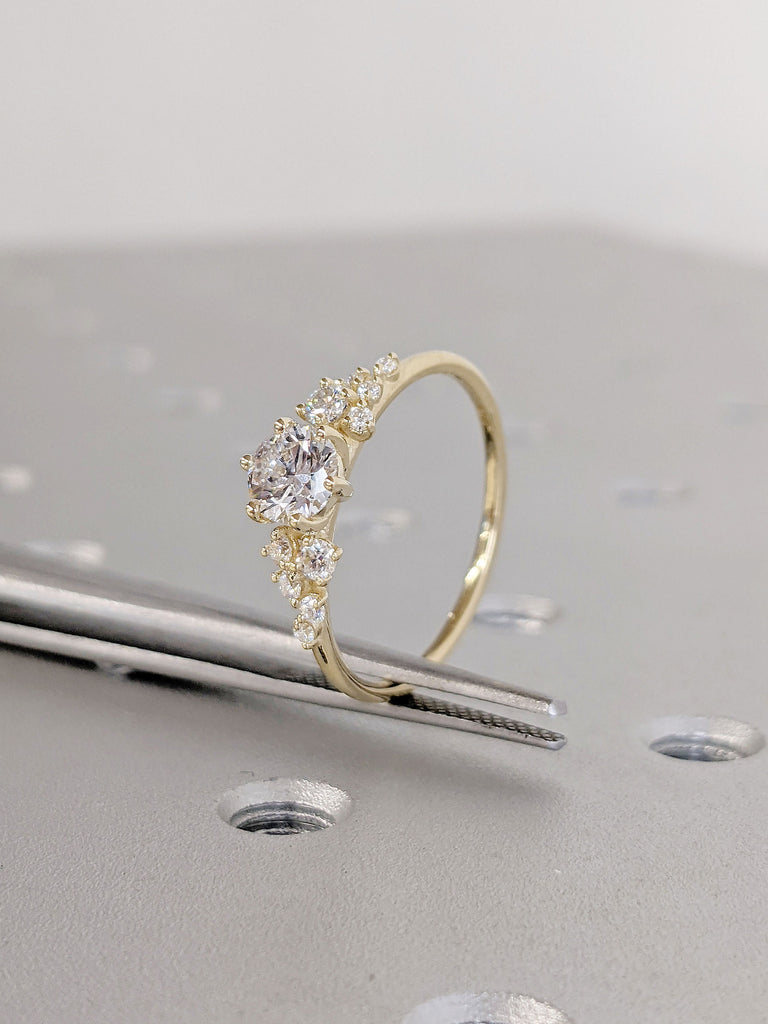 Multi Stone Lab Created Diamond, Moissanite Unique Proposal Ring for Her | 14K 18K Yellow Gold Thin Bridal Band | Modern Trendy Jewelry