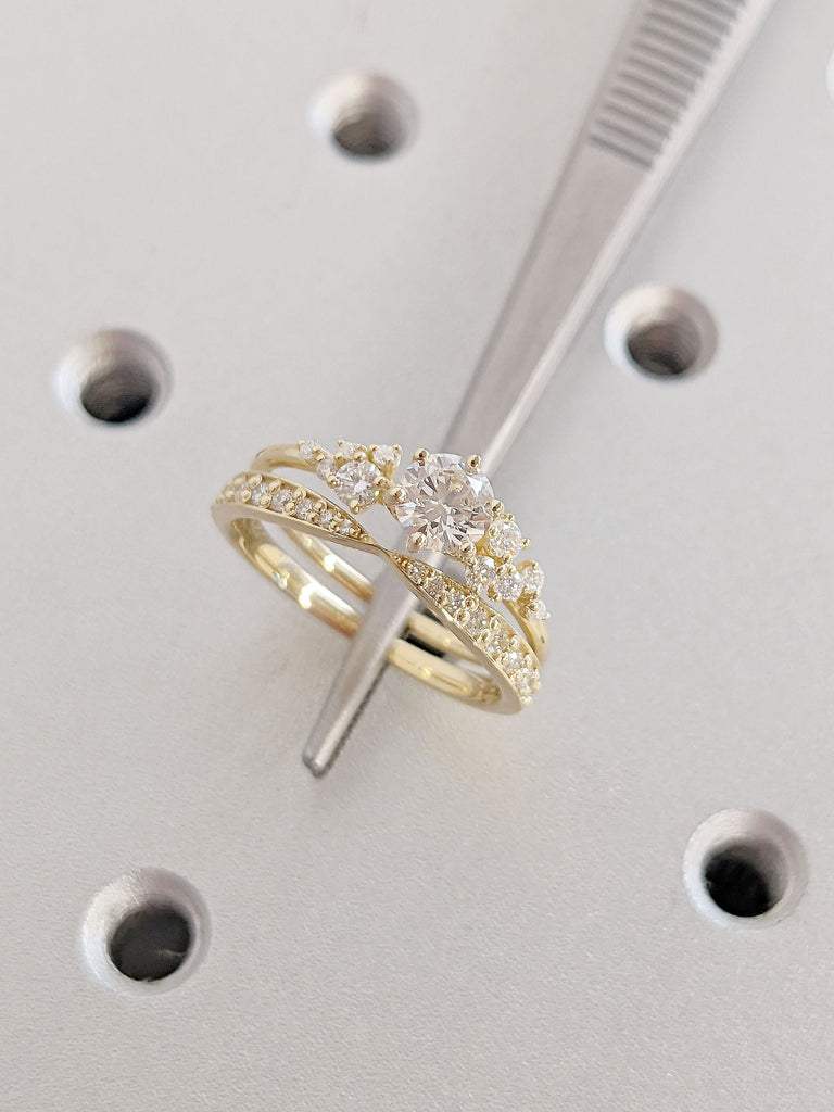 Multi Stone CVD Lab Grown Diamond Unique Engagement Wedding Ring Set | 14K 18K Gold, Platinum Custom Matching Bow Tie Moissanite Wedding Band For Her