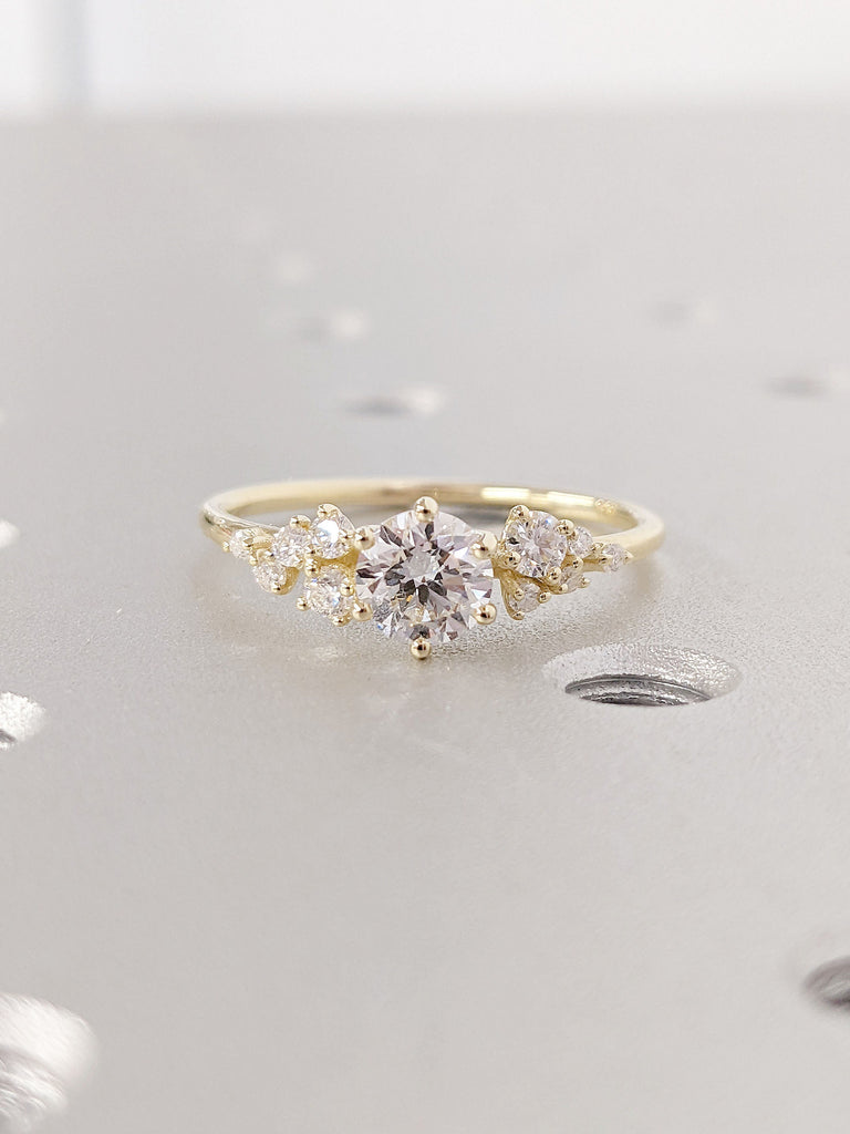 Multi Stone Moissanite Promise Commitment Ring | 14K 18K Solid Yellow Gold Diamond Cluster Engagement Ring | Alternative Trendy Bridal Jewelry