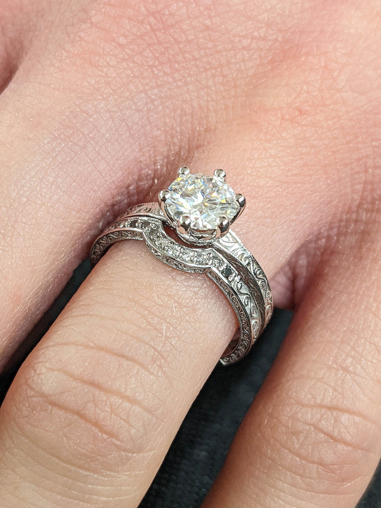 Round cut CVD Lab Grown Diamond Solitaire Women Wedding Anniversary Promise Ring Set | 14K 18K Solid Gold Vintage Filigree Bridal Jewelry