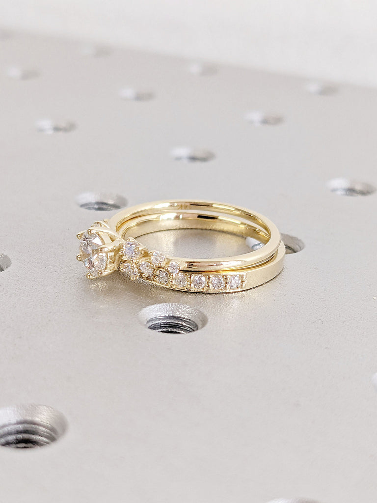 14K Yellow Gold CVD Lab Diamond, Snowdrift Moissanite Women Proposal Ring | Classic 6 Prongs | Unique Bow Tie Matching Curve Wedding Band