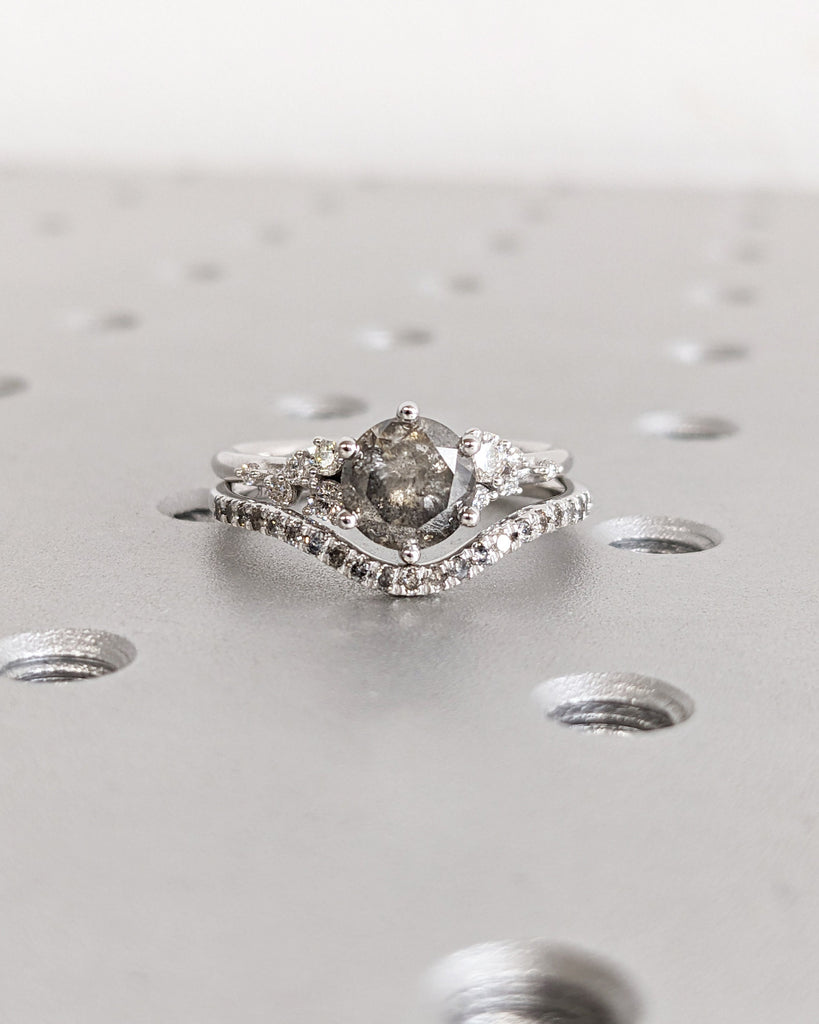 Salt and Pepper Ring Set, Handmade Diamond Ring Set, Snowdrift Cluster, Six Prong Wedding Ring, Round Salt and Pepper Diamond Ring, Art Deco
