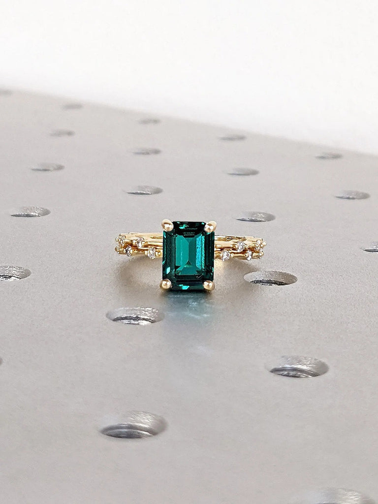 2ct Emerald cut Green Lab Grown Emerald Engagement Cocktail Stacking Ring Set | 14K 18K Yellow Gold Alternative Bridal Jewelry