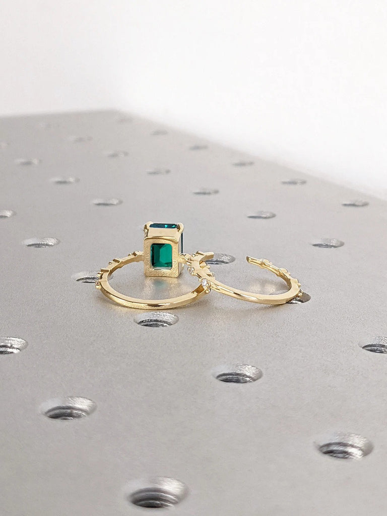 May Birthstone Green Lab Emerald Women Wedding Anniversary Ring | Solid Gold, Platinum Knife Edge Matching Moissanite Eternity Bridal Band