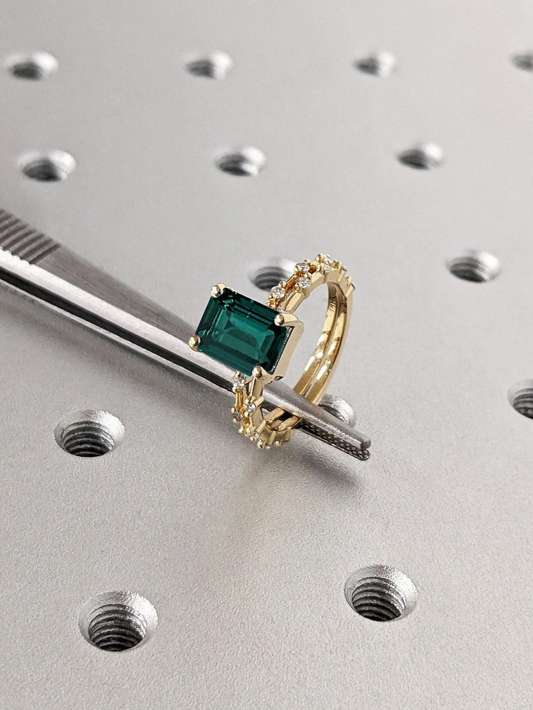 May Birthstone Green Lab Emerald Women Wedding Anniversary Ring | Solid Gold, Platinum Knife Edge Matching Moissanite Eternity Bridal Band