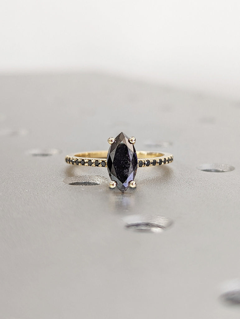 Galaxy Raw Salt and Pepper Diamond Ring- Marquise Cut Diamond Engagement Ring Sets- Unique Bridal Geometric Diamond Promise Ring- Solid Gold