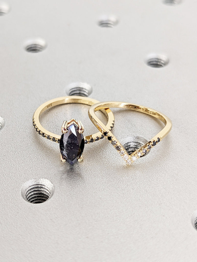 Galaxy Raw Salt and Pepper Diamond Ring- Marquise Cut Diamond Engagement Ring Sets- Unique Bridal Geometric Diamond Promise Ring- Solid Gold