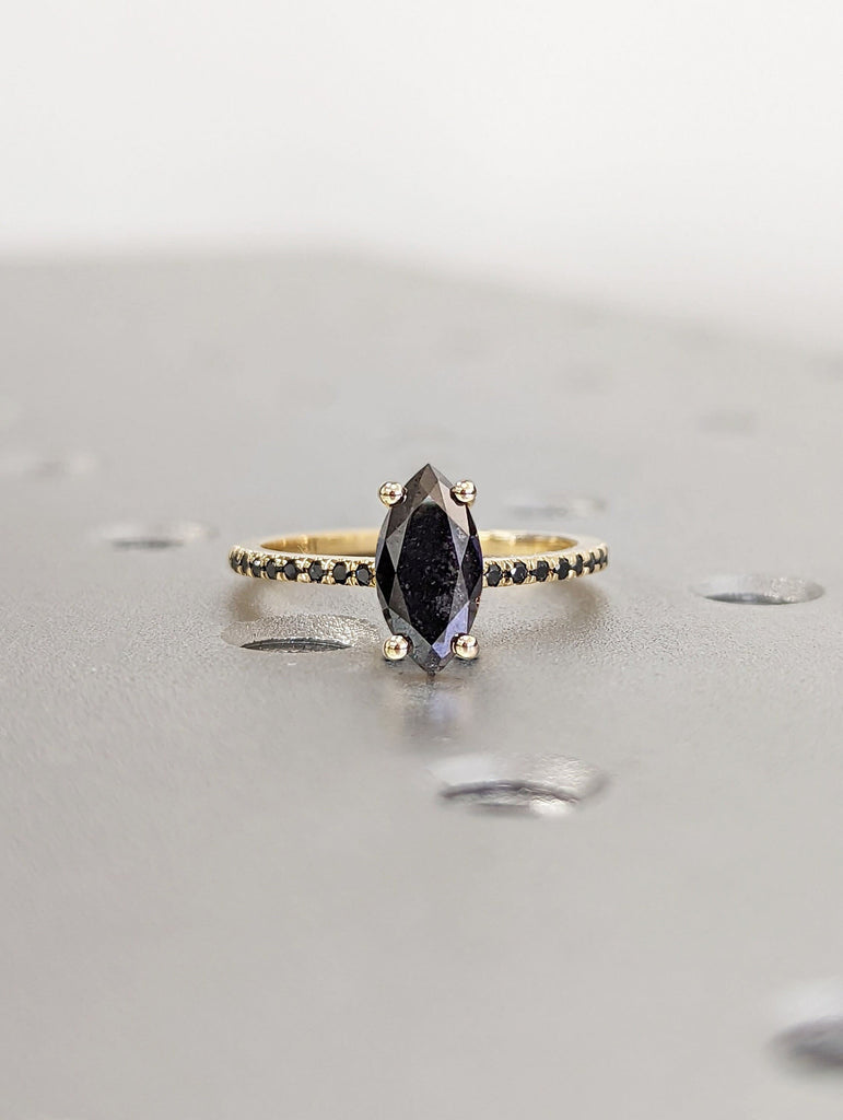 Galaxy Raw Salt and Pepper Diamond Ring- Marquise Cut Diamond Engagement Ring Sets- Unique Bridal Geometric Diamond Promise Ring- Solid Gold