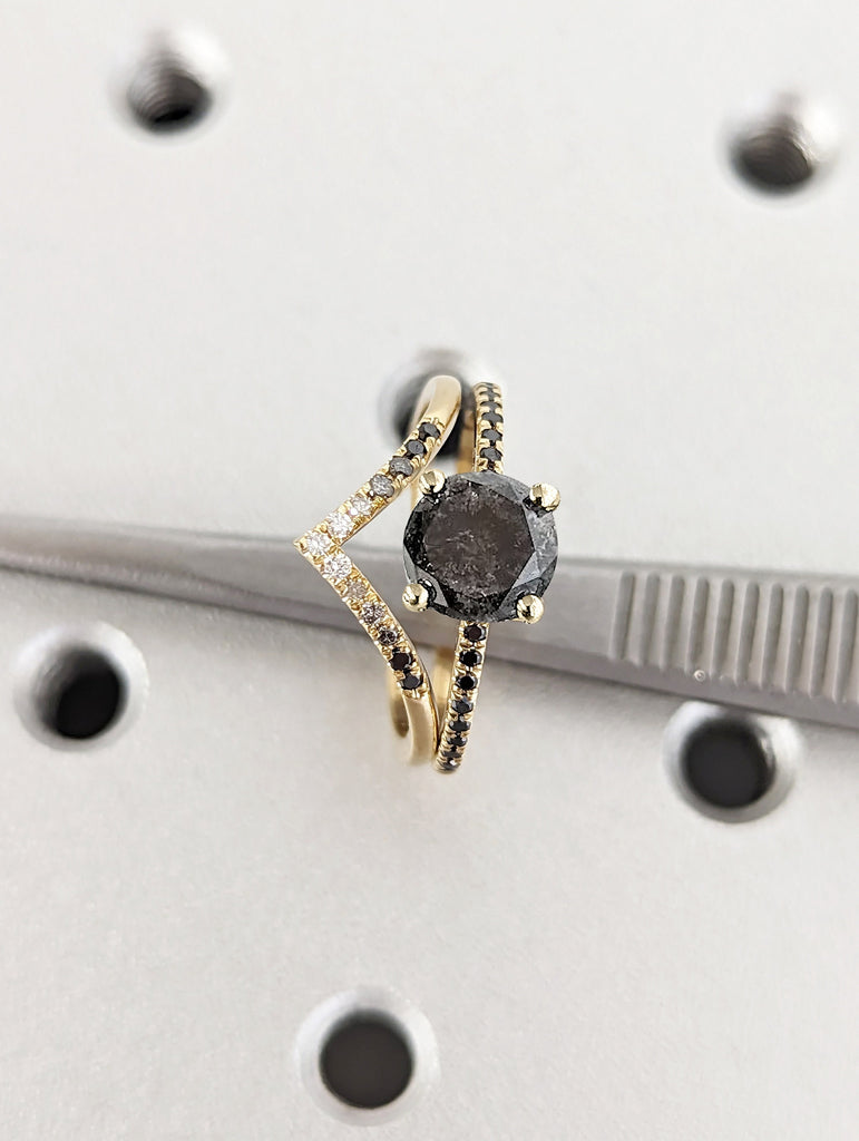 Galaxy Raw Salt and Pepper Diamond Ring- Round Cut Diamond Engagement Ring Sets- Unique Bridal Geometric Diamond Promise Ring- Solid Gold