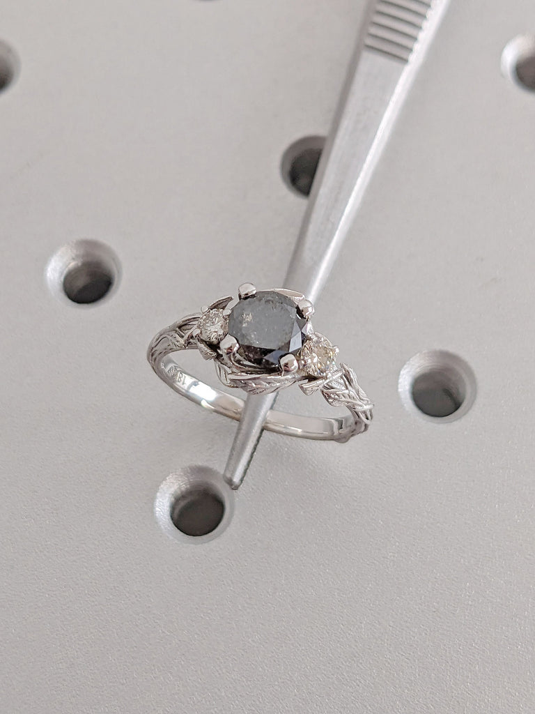 1ct Round cut Salt and Pepper Galaxy Diamond Three Stone Trilogy Unique Proposal Ring for Her | 14K 18K White Gold Rustic Diamond Promise Ring