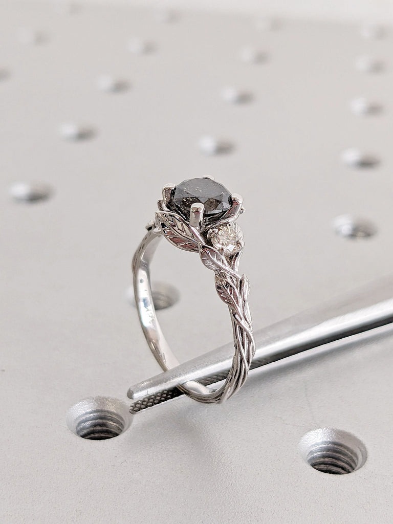 Twigs and Leafs 1ct Natural Salt and Pepper Grey Diamond Women Wedding Anniversary Ring | 18K White Gold Multi Stone Moissanite Commitment Ring | Alternative Bridal Jewellery