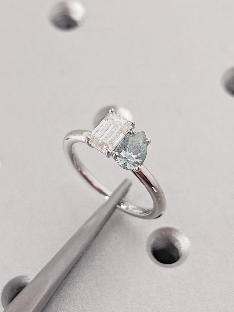 Light Blue, Colorless Toi Et Moi Moissanite Engagement Cocktail Ring | 14K 18K White Gold 2 Stone Emerald, Pear cut Diamond Promise Ring