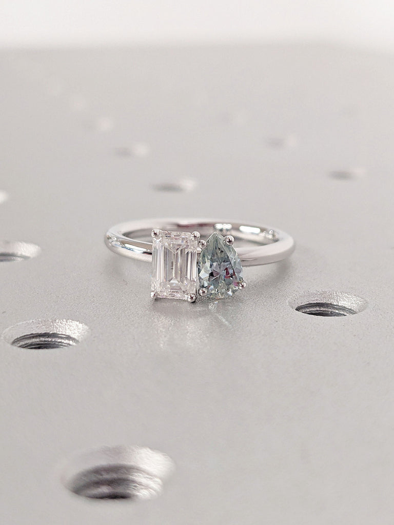 Light Blue, Colorless Toi Et Moi Moissanite Engagement Cocktail Ring | 14K 18K White Gold 2 Stone Emerald, Pear cut Diamond Promise Ring