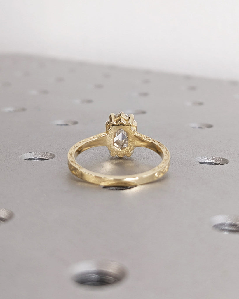 Hexagon cut Moissanite Solitaire Vintage Inspired Engagement Ring | 14K Yellow Gold Filigree Engraving Wedding Band | Unique Gift for Her