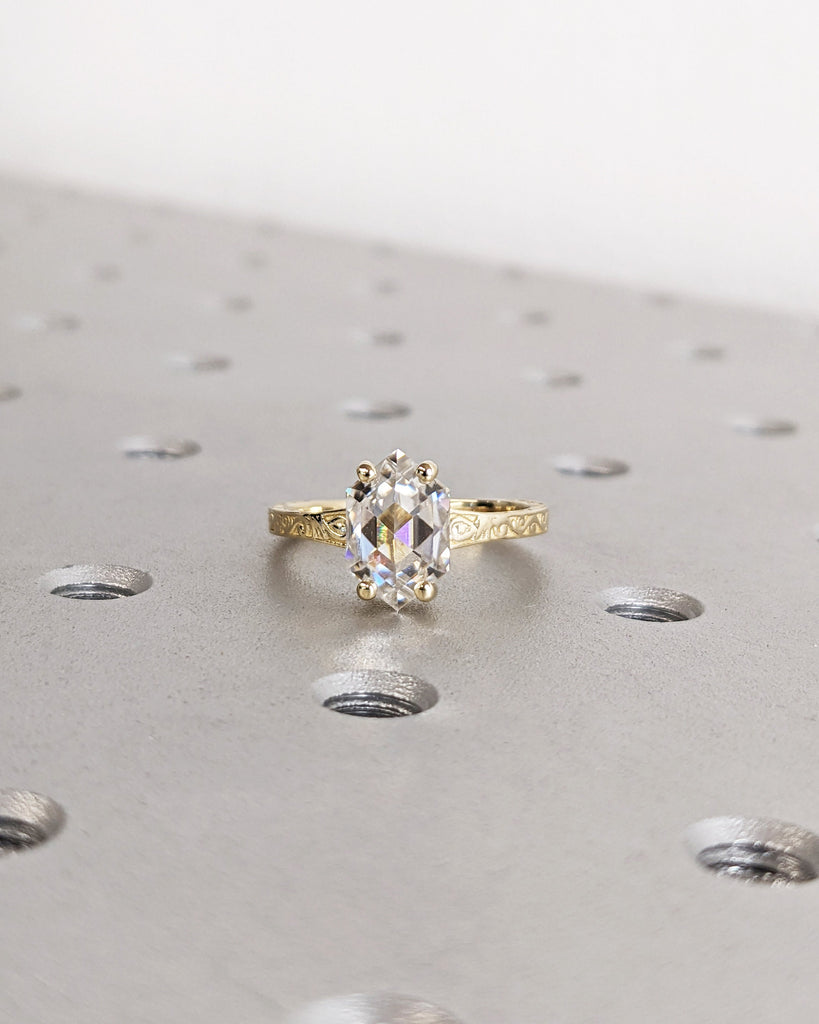 Hexagon cut Moissanite Solitaire Vintage Inspired Engagement Ring | 14K Yellow Gold Filigree Engraving Wedding Band | Unique Gift for Her