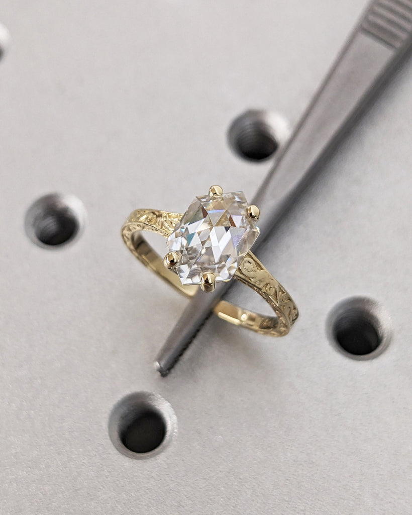 Hexagon cut Moissanite Solitaire Vintage Inspired Engagement Ring | 14K Yellow Gold Filigree Engraving Wedding Band | Unique Gift for Her